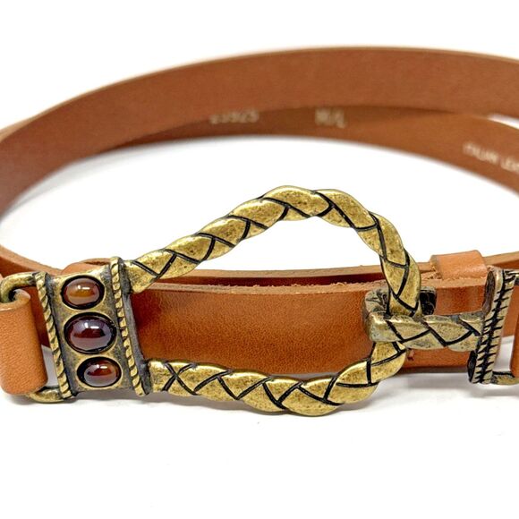CHICO\'S Leather & Brass Hook Buckle Belt Womens M/L Brown Gemstones Adjustable main image 10